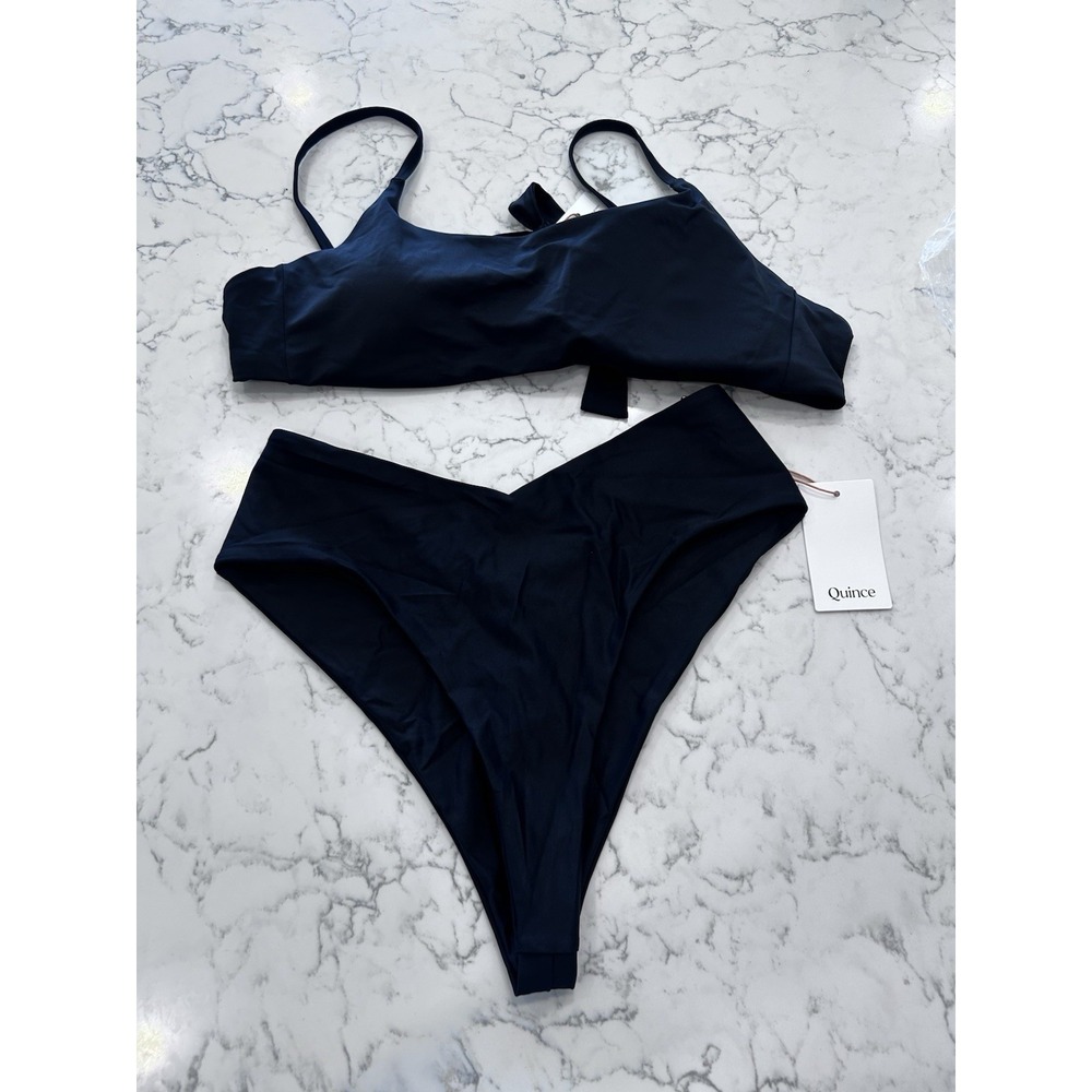 NWT Quince Black Italian Scoop Neck Bikini Top & V Cut High Leg Bottom Set XL